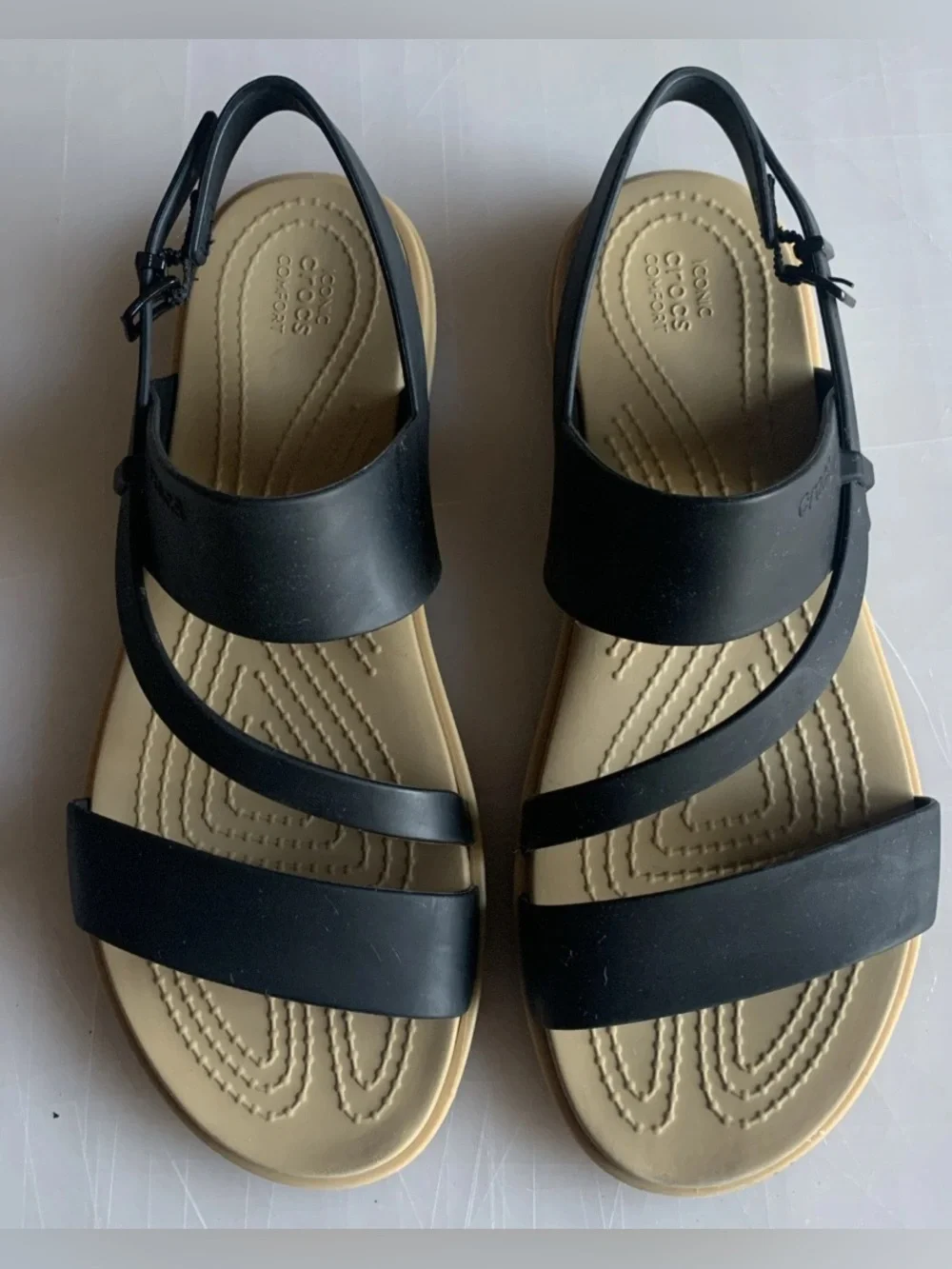Crocs TULUM Sandals Iconic Comfort Womens Size 7 Black Tan Strappy Slingback